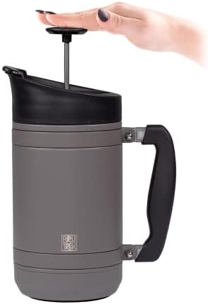 BruTrek Basecamp Coffee Press - Double Wall Vacuum Insulated Stainless Steel - Bru-Stop Technology, No Grounds in Coffee, No Spill Lid (Storm Gray, 32 fl.oz)