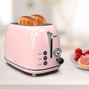 Toaster 2 slice,Retro Stainless Steel Toaster with 6 Settings, 1.5 In Extra Wide Slots, Bagel/Defrost/Cancel Function, Removable Crumb Tray (Baby pink)