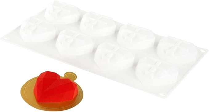 Pastry Tek 8 Cavities Diamond Heart Molds, 10 Oven-Ready Geometric Heart Molds - Flexible, Freezable, White Silicone Heart Baking Molds, Easy Release, For Baking - Restaurantware