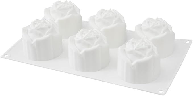 Pastry Tek 6 Cavities Rose Baking Mold, 1 Oven-Ready 3D Rose Mold - Flexible, Freezable, White Silicone Chocolate Mold, Easy Release, For Making Candies or Chocolates - Restaurantware