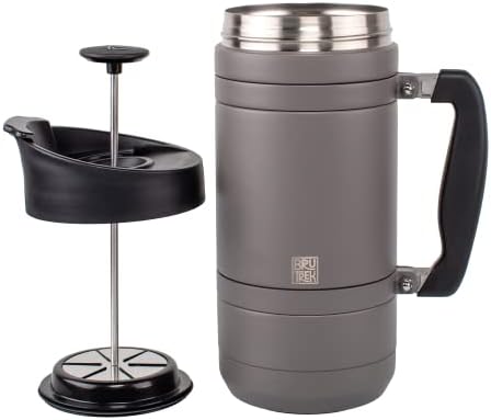 BruTrek Basecamp Coffee Press - Double Wall Vacuum Insulated Stainless Steel - Bru-Stop Technology, No Grounds in Coffee, No Spill Lid (Storm Gray, 48 fl.oz)