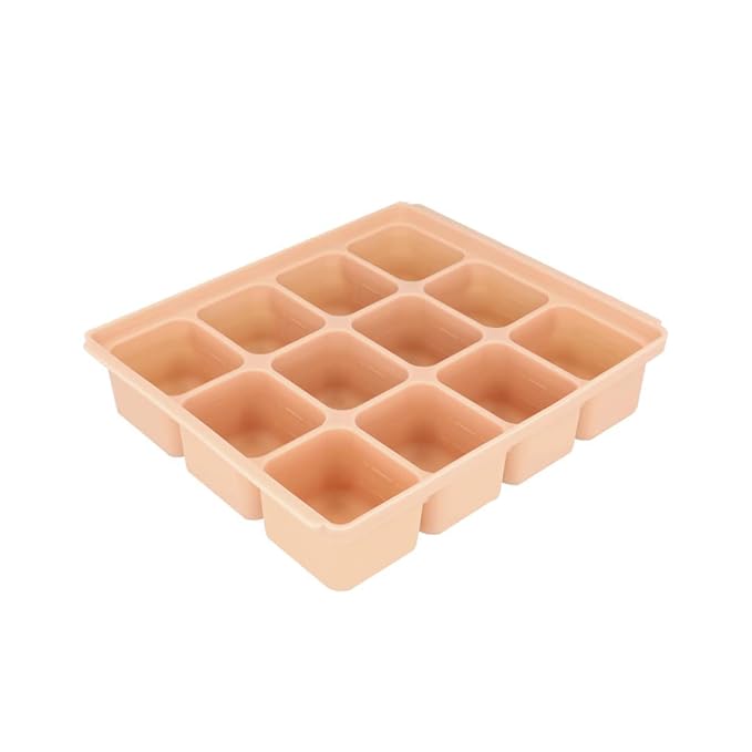 Baby Food Storage Silicone Cubes with Clip-On Lid Freezer Tray Baby Food Soups Purees Ice Easy and Safe Design Made in Korea(12 Sand Beige)