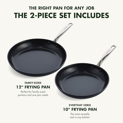 GreenPan Chatham Prime Midnight Hard Anodized Healthy Ceramic Nonstick, 10" and 12" Frying Pan Skillet Set, PFAS-Free, Dishwasher Safe, Oven Safe, Black
