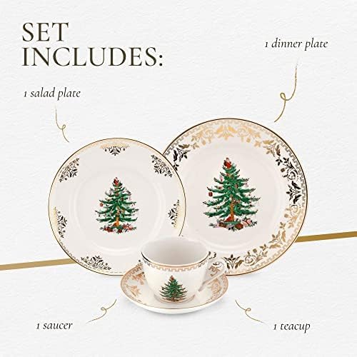 Spode Christmas Tree Gold 4-Piece Holiday Dinnerware Set - Fine Earthenware Tableware with 22K Gold Accents - Dinner Plate, Salad Plate, Teacup & Saucer - Festive Christmas Tableware, Dishwasher Safe