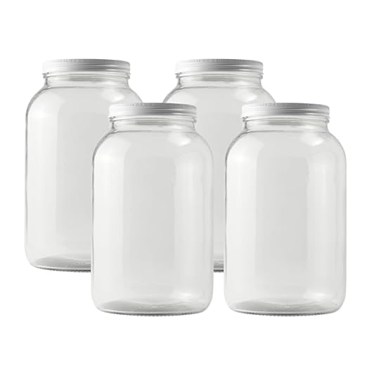 FastRack - One Gallon Wide Mouth Jar with White METAL Airtight Lid (Pack of 4) | Glass Canisters with Airtight Lids | Large Mouth Glass Jar with Fermentation Lid for brewing, fermentation and pickling