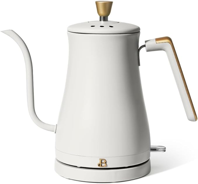 Beautiful 1L Electric Gooseneck Kettle, Precision Pour Spout, 1200W Fast Boil, Auto Shut-Off, Cordless, Stainless Steel, Tea & Coffee Maker with Ergonomic Handle, Matte Finish, White Icing