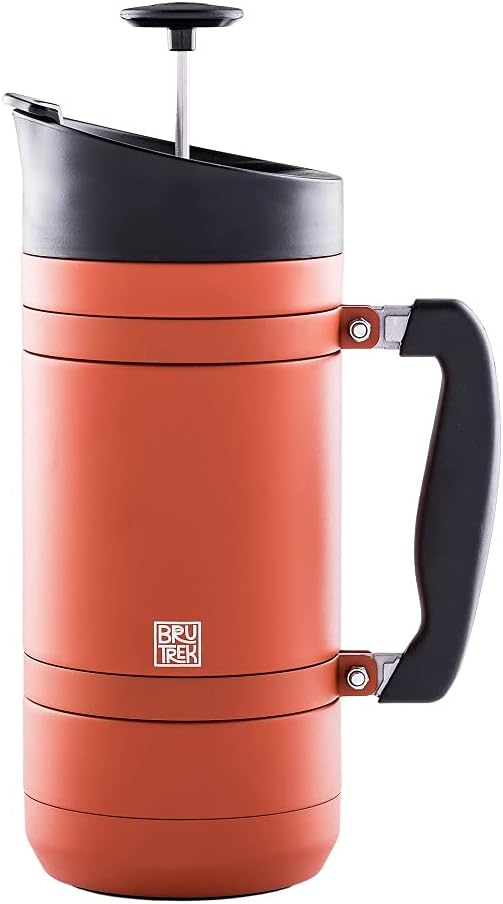 BruTrek BaseCamp Coffee Press - Double Wall Insulated Stainless Steel - Bru-Stop Technology, No Grounds in Coffee, No Spill Lid (Red Rock, 48 fl.oz)