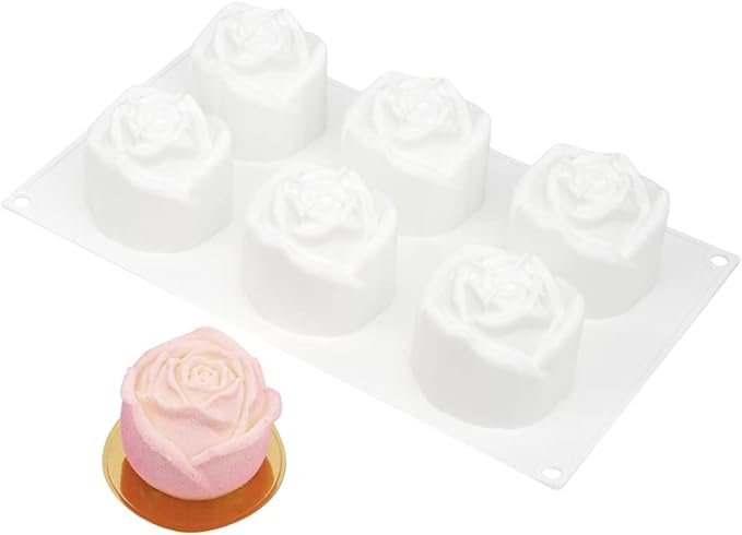 Pastry Tek 6 Cavities Rose Baking Mold, 1 Oven-Ready 3D Rose Mold - Flexible, Freezable, White Silicone Chocolate Mold, Easy Release, For Making Candies or Chocolates - Restaurantware