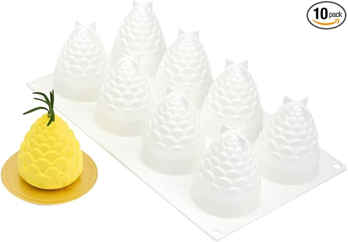 Pastry Tek 8 Cavities Pineapple Molds, 10 Oven-Ready Pineapple Jello Molds - Flexible, Freezable, White Silicone Tropical Fondant Molds, Easy Release, For Baking - Restaurantware
