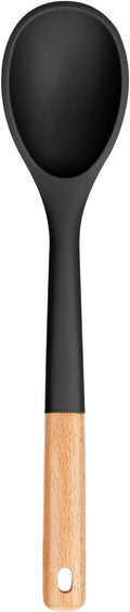 Large Silicone Cooking Spoons, Nonstick Solid Wooden Handle Spoon, Heat Resistan Silicone Kitchen Spoons for Cooking, Serving, Basting, Mixing, 13.2inch (Black)