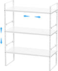 Expandable Kitchen Cabinet Shelf Organizers 3 Pack, Stackable Metal Pantry Storage Shelves Rack, Adjustable Counter Shelf for Cabinets, Countertop, Cupboard Organizers and Storage, White