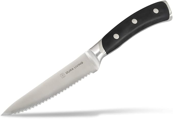 DURA LIVING 4-Piece Serrated Kitchen Steak Knife Set – Forged High Carbon Stainless Steel, Ultra Sharp, Ergonomic Black Handles, Durable Dinner Knives, Black Handle