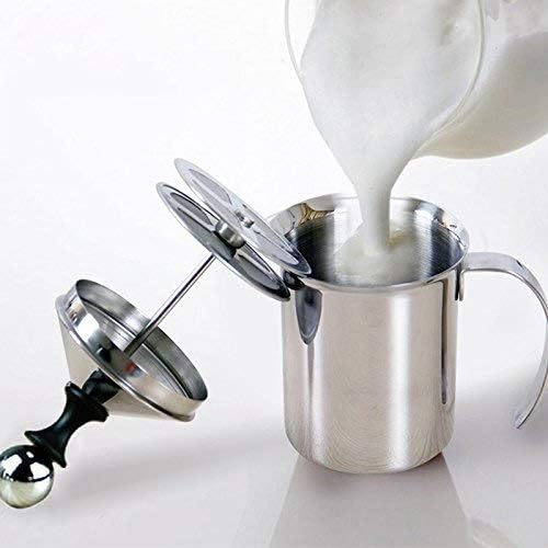 Manual Milk Frother, 400ml/14oz Stainless Steel Creamer Frother Milk Steamer Latte Cappuccino Coffee Foamer FrotherHandled Metal Creamer Foamer Pitcher With Handle Lid