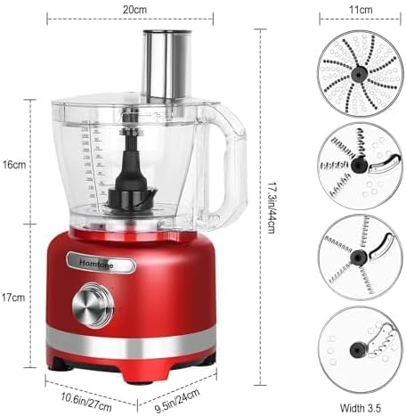 Homtone 16 Cup Food Processor Large, 9 Functions 7 Blades 3 Speeds for Shredding, Slicing, Making French Fries, Chopping Meat, Kneading Dough & Emulsifying, 600W, Red