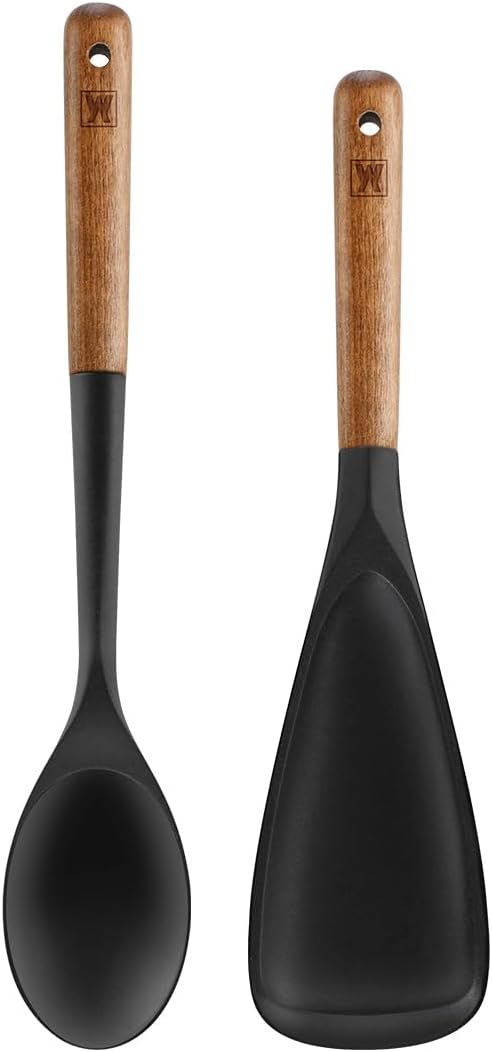 Set of 2pc Silicone Cooking Utensils: Wooden Handle Cooking & Serving Spoon+ Multi-Purpose Cooking Spoon, Heat Resistant Cooking Utensil, BPA Free, Safe Material for All Cooking Surfaces