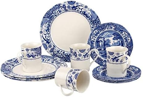 Spode Blue Italian Brocato 12 Piece Dinnerware Set - Service for 4 with Earthenware Dinner Plates, Salad Plates, Mugs - Dishwasher & Microwave Safe Oriental Inspired Tableware