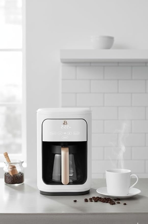Beautiful 14-Cup Programmable Coffee Maker, Touch-Activated Display, Auto Brew with 3 Flavor Options (White Icing)