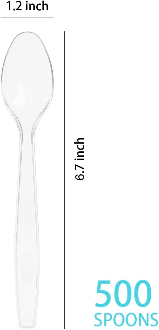 500 Count Clear Plastic Spoons, Heavy Weight Disposable Spoons Cutlery Plastic Utensils, Clear PlasticSilverware Bulk