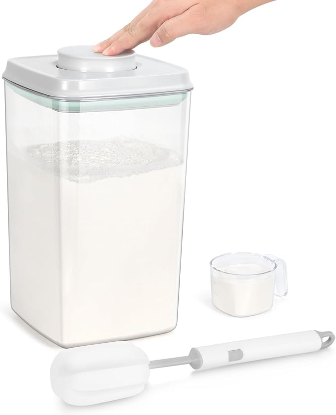 TBMax Flour Container 4.2 Qt Spaghetti Container with Airtight Pop Up Lid & Measuring Scoop, Food Storage Bin for Rice, Flour, Sugar, Cereal, Pet Dog Cat Food Storage, Kitchen Pantry Organization