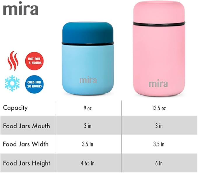 MIRA 2 Pack Insulated Food Jar Thermos for Hot Food & Soup, Compact Stainless Steel Vacuum Lunch Container, 13.5 oz, Pearl Blue, Rose Pink