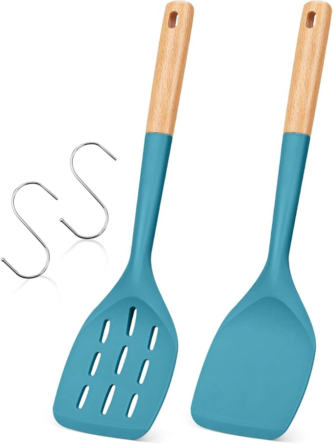 Pack of 2 Silicone Spatula, Non Stick Cooking Utensil Set Wooden Handle Kitchen Turner for Baking Mixing Grilling Serving Food Heat Resistant Non Scratch Hooks Included (Blue)