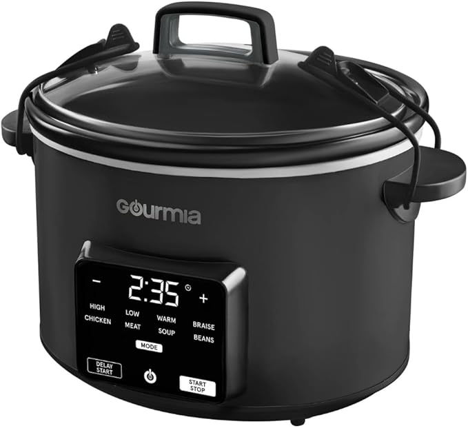Gourmiia 4.5 Qt Programmable Slow Cooker with 5 Presets, Slow Cook, Digital Timer, Keep Warm Function, Nonstick Interior, Dishwasher Safe, Black