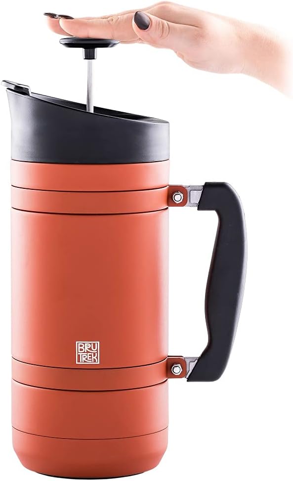 BruTrek BaseCamp Coffee Press - Double Wall Insulated Stainless Steel - Bru-Stop Technology, No Grounds in Coffee, No Spill Lid (Red Rock, 48 fl.oz)