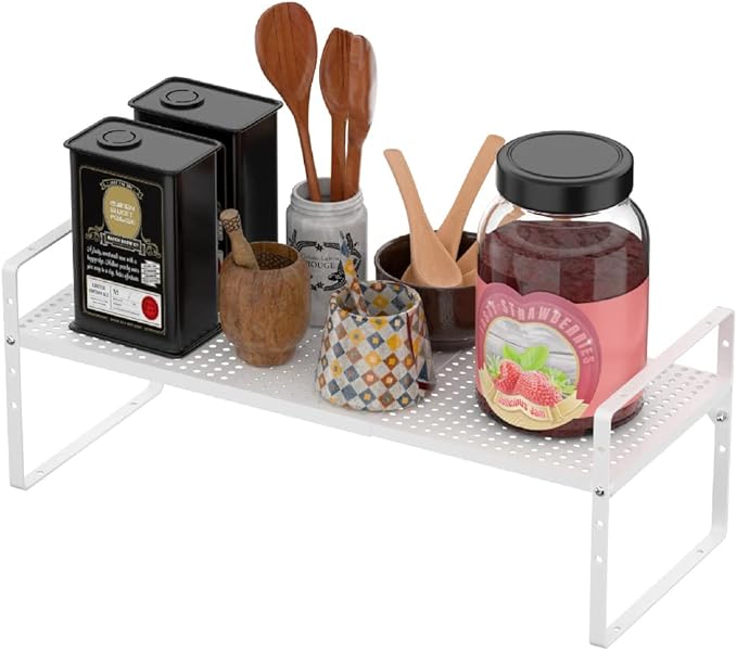 Expandable Counter Shelf, Adjustable Height Spice Rack Metal Mesh Board Shelf Organization for Kitchen Pantry Bathroom Office -White
