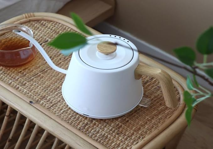 Modern Electric Gooseneck inner Stainless Steel Kettle, 1200W Quick Heating, One touch, Auto Shut off with Elegant Wood Grain design 800ML (White)