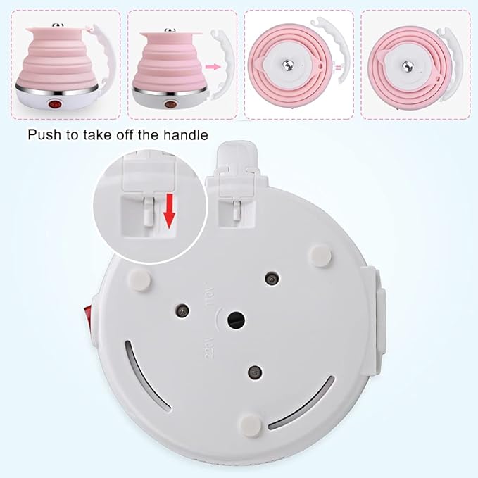 Upgrade Travel Kettle, ShineMe Food Grade Silicone Dual Voltage 110-220V Ultrathin Portable Electric Water Kettle with Cup, Universal Adaptor and Detachable Power Cord, 555ML (Pink)
