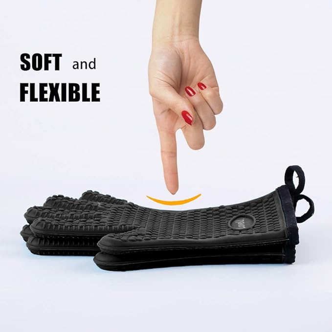 Kitchen Oven Gloves - Dual-Layer Heat Resistant Grilling Gloves, Silicone Oven Mitts with 5 Fingers, Waterproof Non-Slip Pot Holder for Barbecue, Cooking, Baking (Small, Black)