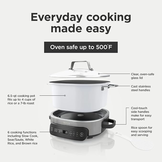 Multi-Cooker Ninja Foodi MC1100, Everyday Possible Cooker 6.5-Qt, 6-in-1 with Slow Cook, Slow Cooker, Sear/Sauté, Keep Warm, Rice and Pasta Functions, Compact Design, White, 6.5QT
