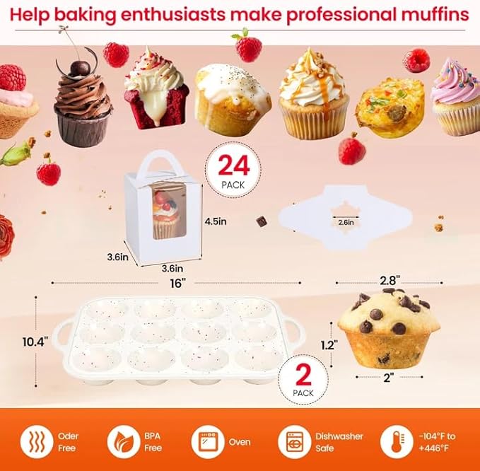 Silicone Muffin Pans for Baking with Metal Reinforced Frame 2 Pack with 24 Pack Individual Cupcake Containers, Nonstick Silicone Cupcake Pan for Baking Homemade Muffins, Dishwasher Safe BPA Free