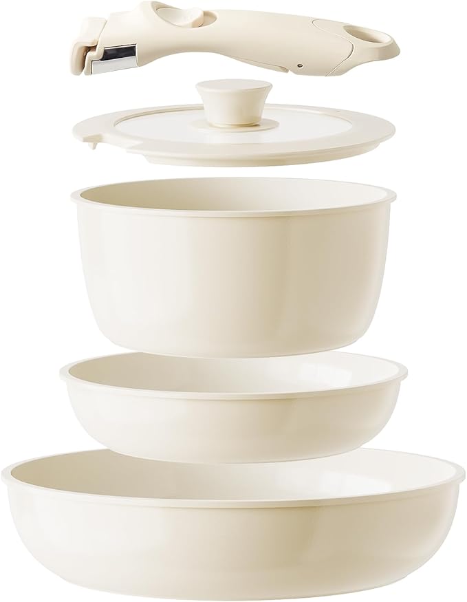 Redchef Ceramic Pots and Pans Set Non Stick, Nonstick Kitchen Cookware Sets, Non Toxic Pots and Pans Set Non Stick, PFAS PFOA & PTFE Free, Detachable Handle Pots and Pans 5 Piece, RV Cookware