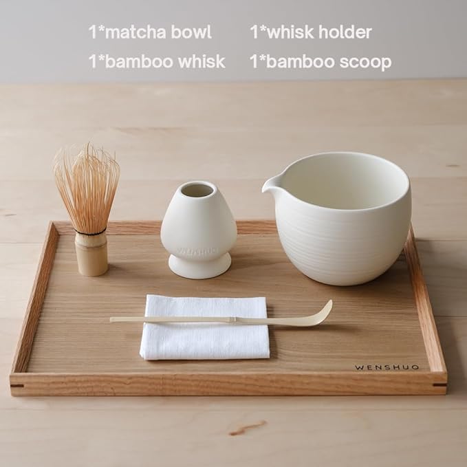 Matcha Whisk Set, Ceramic Matcha Bowl & Whisk Holder, Bamboo Accessory, Modern Design (Matte Crème, Pouring Spout)