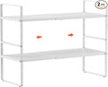 2Pack 16.5-27’’L Expandable Cabinet Shelf Organizers, Stackable Metal Shelves Extender for Kitchen Countertop Storage, Adjustable Spices Shelves Rack Stand for Cupboard Pantry, White