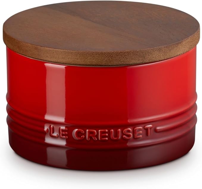 Le Creuset Signature Salt Cellar and Storage Canister with Wood Lid, 16 oz., Cerise