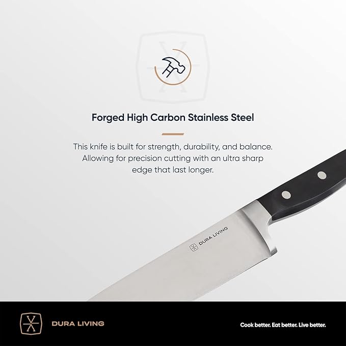 DURA LIVING Premium 4-Piece Steak Knife Set – Sharp Serrated Blades, Forged High Carbon Stainless Steel, Full Tang, Ergonomic Handle, Black – Perfect for Dining
