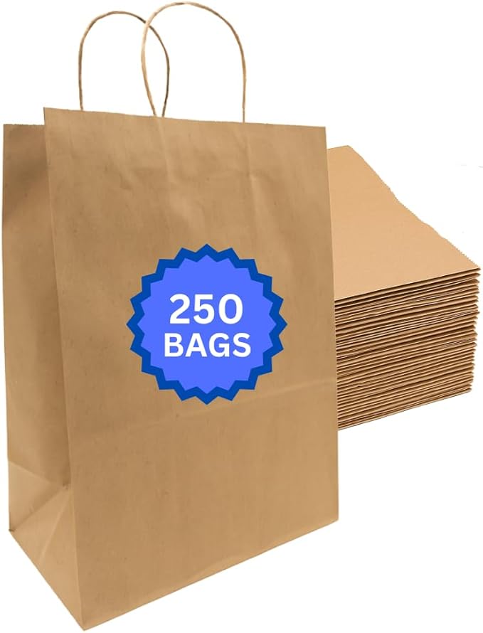 ASSUREPAK DIY Earth Friendly Grocery Paper Bag - 250 Bags - 13"x7"x13" - 74LB (110 GSM strong) - Twisted Handle - Kraft/Natural - Recyclable Food & Supermarket Bags for Decorating & Branding