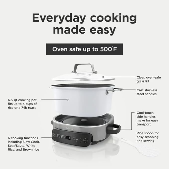 Multi-Cooker Ninja Foodi MC1100, Everyday Possible Cooker 6.5-Qt, 6-in-1 with Slow Cook, Slow Cooker, Sear/Sauté, Rice & Pasta Functions,Compact Design,Replaces 10 Kitchen Appliances,Easy Cleanup