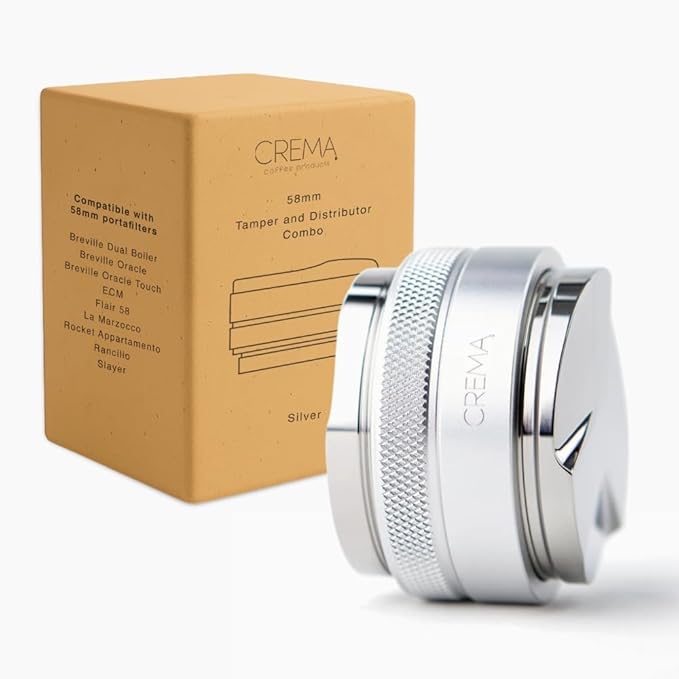 Crema Coffee Products 58mm Hand Tamper & Coffee Distributor | Compatible with Flair Pro and Pro 2 Portafilter | Double-Sided, Adjustable Depth Tool | Made with Durable 304 Stainless Steel | Silver