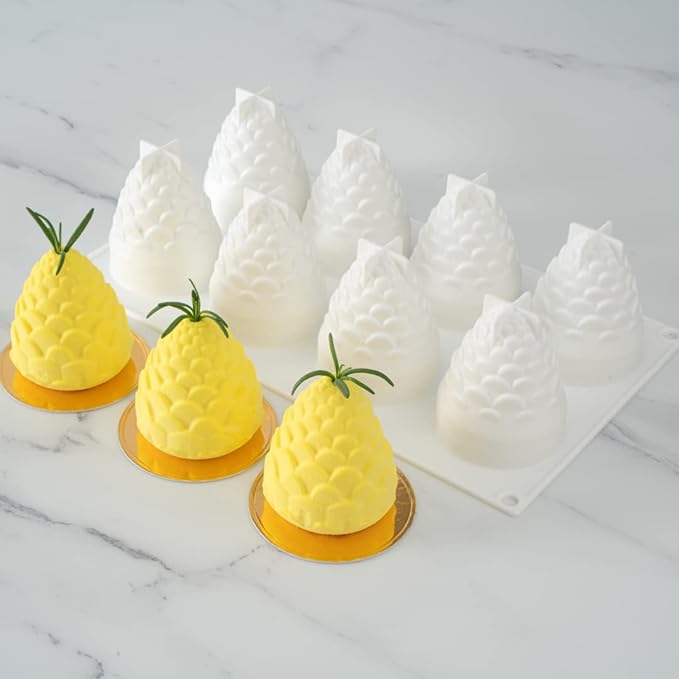 Pastry Tek 8 Cavities Pineapple Molds, 10 Oven-Ready Pineapple Jello Molds - Flexible, Freezable, White Silicone Tropical Fondant Molds, Easy Release, For Baking - Restaurantware