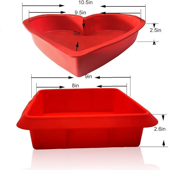 8x8 Inch Silicone Square Cake Baking Pan, Deep-Dish Roasting Lasagna and Casserole Baking Pan,+9.5in Silicone Heart Baking Bakeware Brownie Pan ,Non-Stick Easy Demoulding Set of 2-Red
