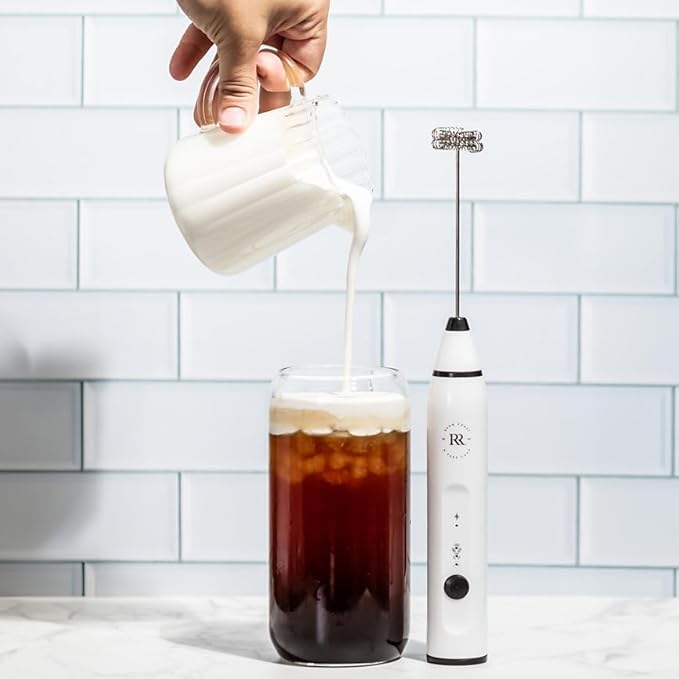 Frother Handheld - Powerful Coffee Frother Wand Rechargeable, Ultra Fast Milk Frother Handheld, Electric Whisk Drink Mixer with Stainless Steel for Coffee, Lattes, Matcha | White