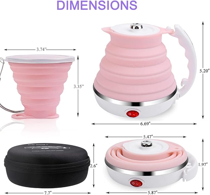 Upgrade Travel Kettle, ShineMe Food Grade Silicone Dual Voltage 110-220V Ultrathin Portable Electric Water Kettle with Cup, Universal Adaptor and Detachable Power Cord, 555ML (Pink)