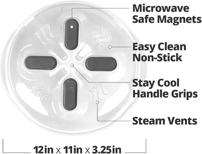 HOVER COVER Magnetic Splatter Cover, 12-Inch Clear BPA-Free Food Lid, Vented Plate Guard with Steam Vents, Anti-Splash Microwave Lid, Dishwasher Safe, Space-Saving Magnetic Storage - Graphite