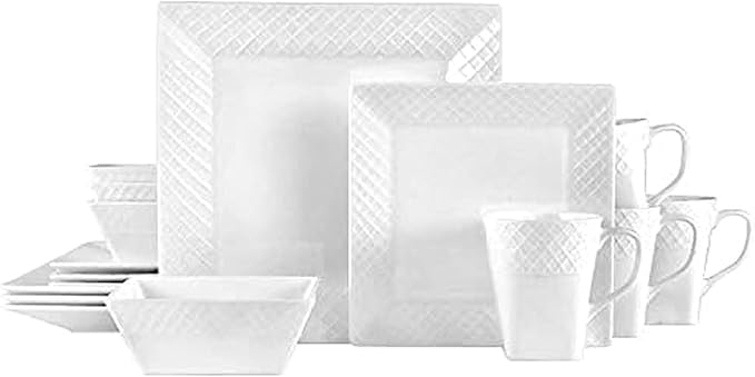 Trellis White Square 16 Piece Dinnerware Set, Service For 4