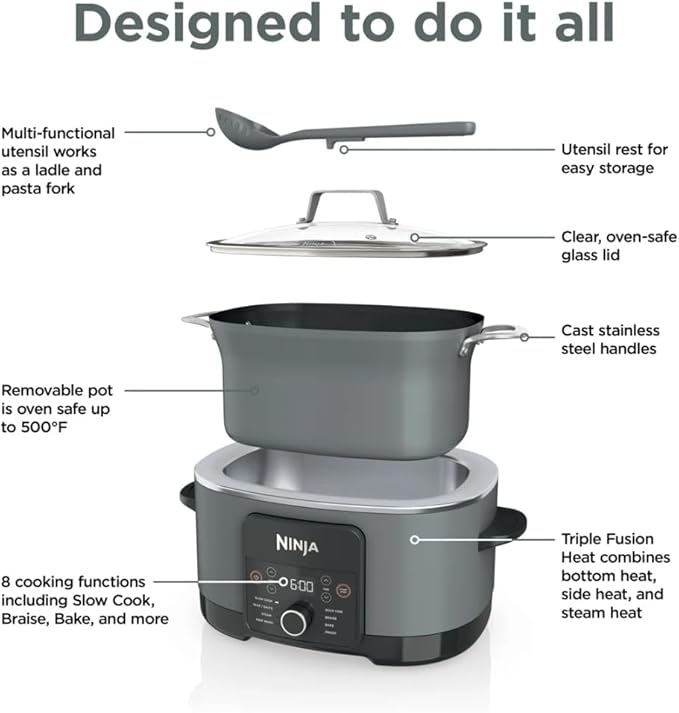Ninja Foodi 8-in-1 Everyday Possible Cooker PRO 8.5-Quart Multi-Cooker with Glass Lid, Slow Coorker Integrated Spoon, and Non-Stick, Oven-Safe Pot,Sea Salt Grey