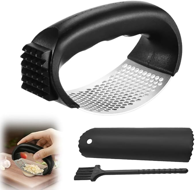 Stainless Steel Garlic Press Rocker, 2025 New Garlic Mincer and Garlic Crusher, Easy-Squeeze Garlic Tool with Peeler and Cleaning Brush for Smashing Garlic (A2-1Pcs)