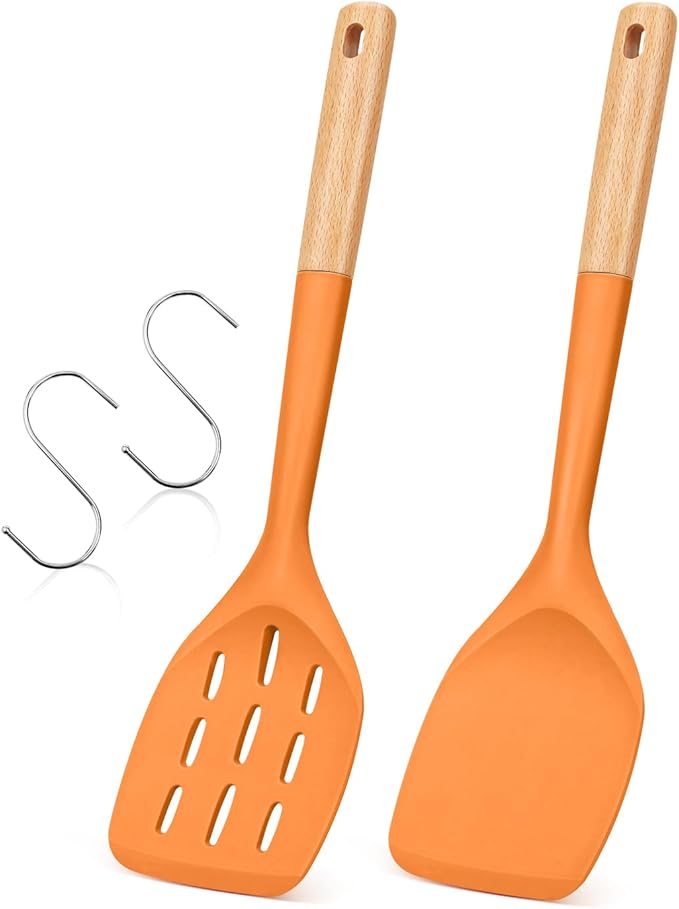 Pack of 2 Silicone Spatula, Non Stick Cooking Utensil Set, Wooden Handle Kitchen Turner for Baking Mixing Grilling Serving Food Heat Resistant (ORANGE)